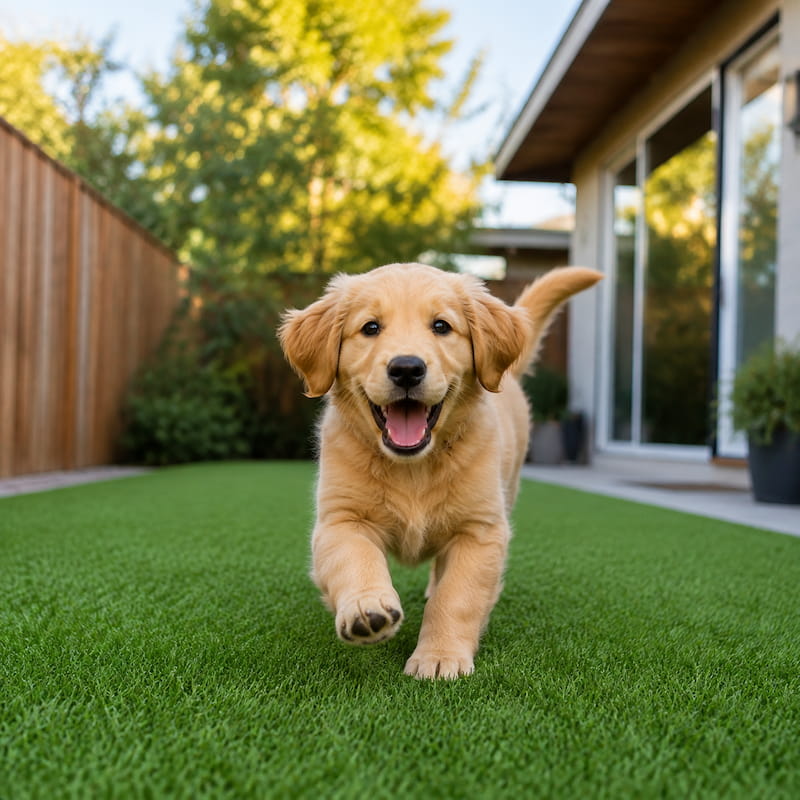 cachorro feliz en el cesped